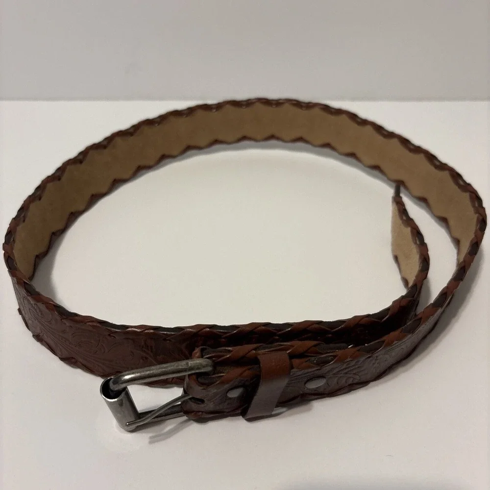 EUC‎ Embossed Tooled Camel Brown Western Cowgirl Floral Leather Belt Size Large